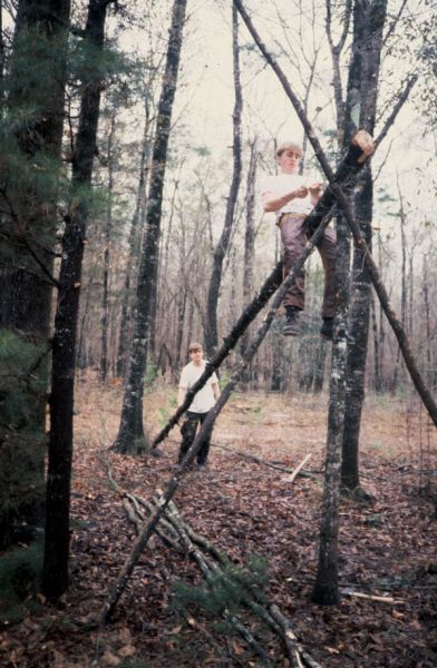 Lashing a shelter frame together from cut poles